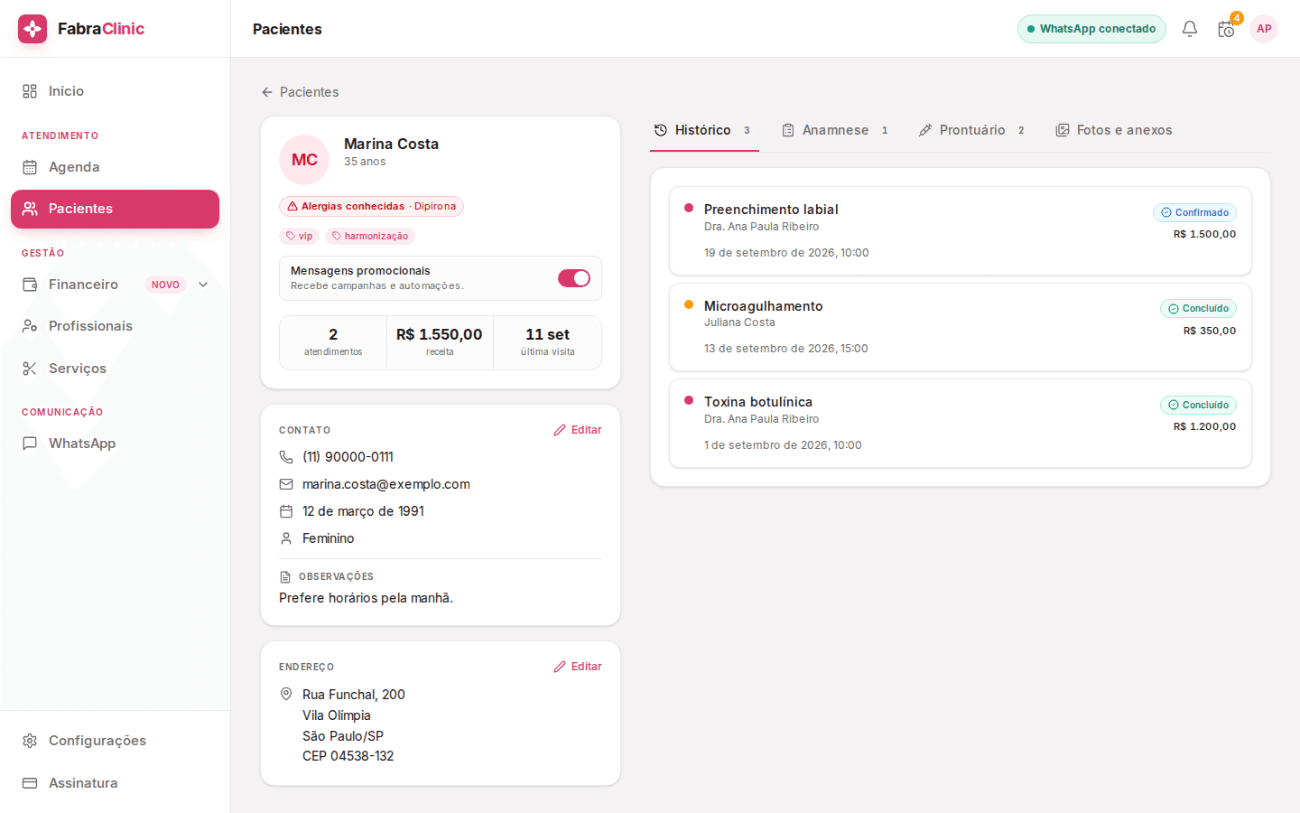 Perfil do paciente no FabraClinic com histórico, anamnese e prontuário